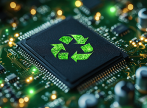Closeup of a microchip with a recycling sign on it.