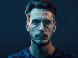 A man's face with digital overlay.