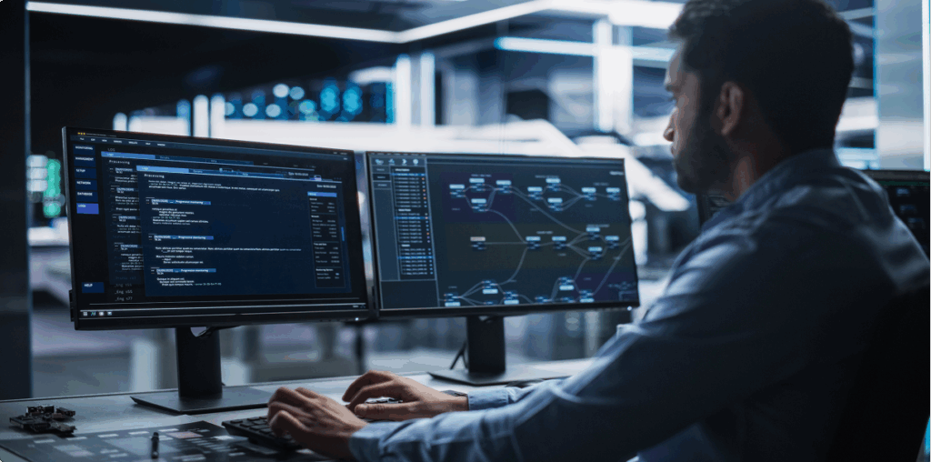 A person typing at a keyboard and looking at their dual monitor.