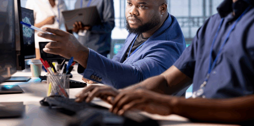 A man pointing to a coworkers monitor.