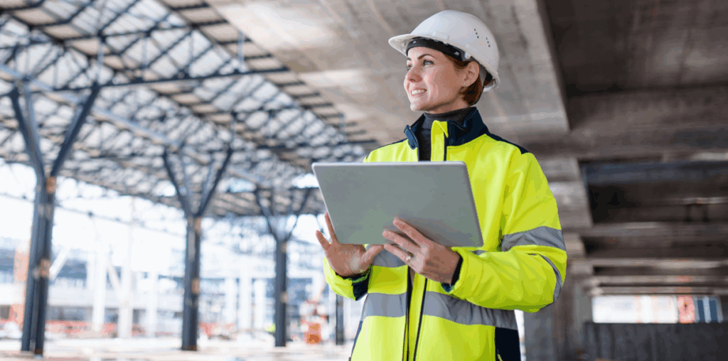 A person working in a construction site, wearing a bright yellow jacket, holding a laptop.