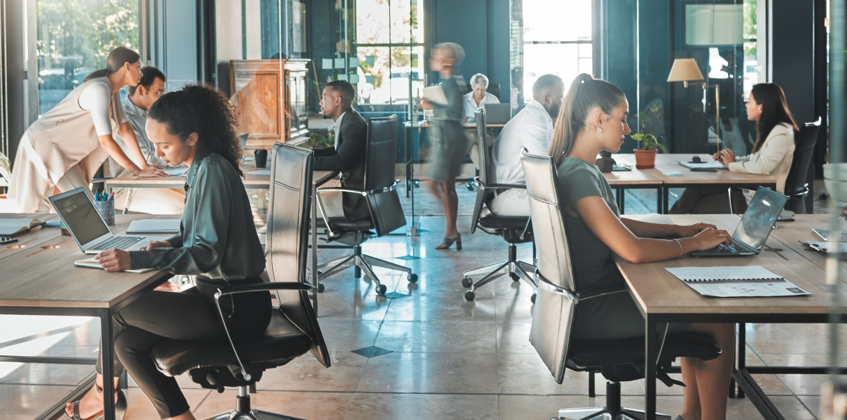 An open office concept with people sitting at desks and working on laptops.