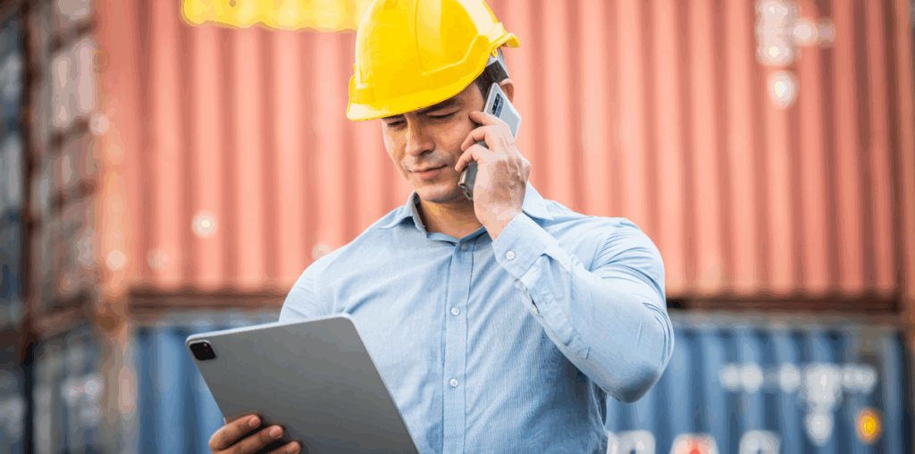 A man wearing a construction hard hat and holding a phone and iPad.