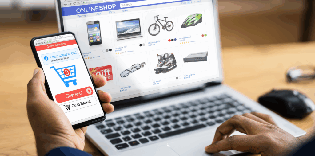 Person shopping on an ecommerce store on their laptop and on their phone.