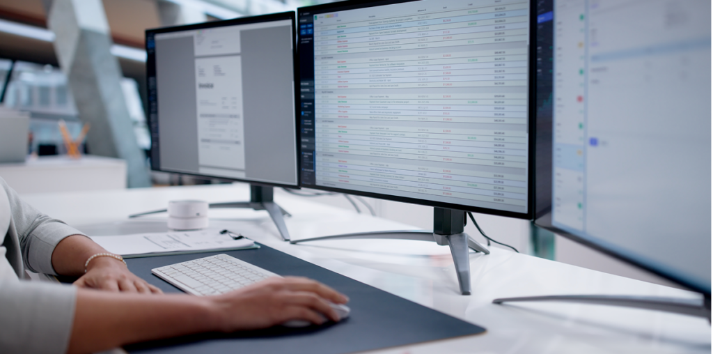 Person looking at payroll sheets on a monitor.