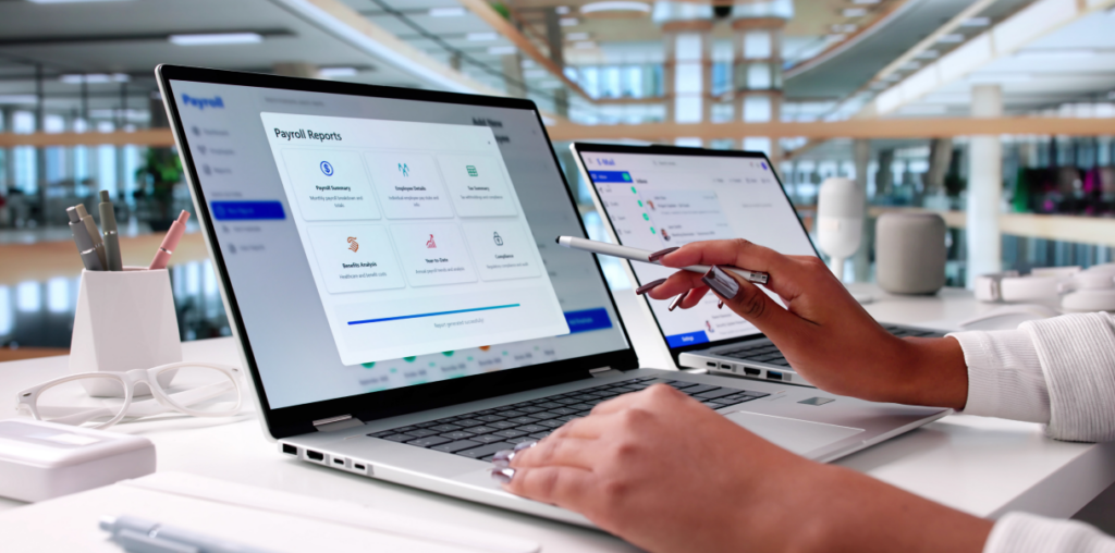 Person pointing at a laptop screen that has a payroll system displayed.