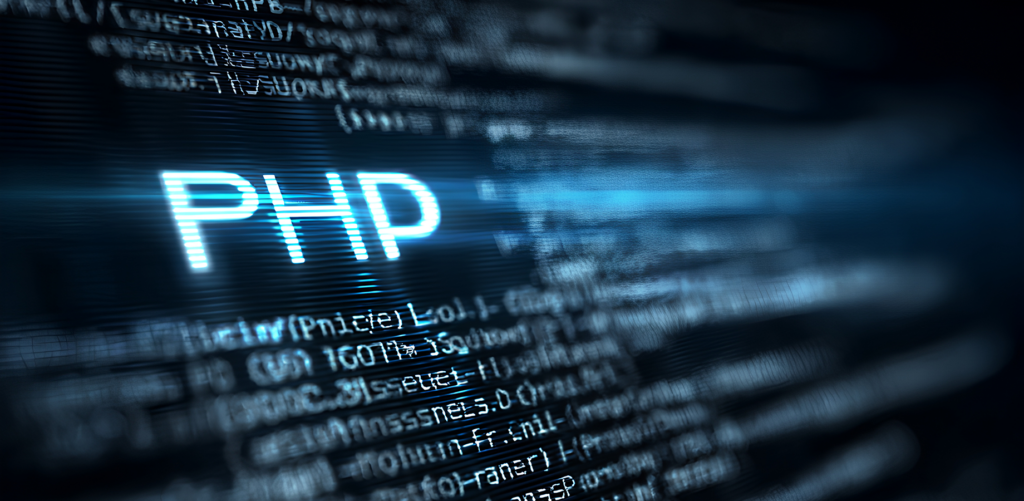 The word PHP glowing in bright blue text centred against a background of blurred computer code.